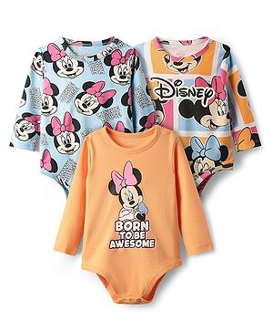 Babyhug Disney Interlock Knit Full Sleeves Onesies with Minnie Mouse & Family Graphics Pack of 3 - Orange & Blue