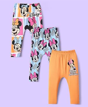 Babyhug Disney Interlock Knit Full Length Diaper Leggings With Minnie Mouse & Family Graphics Pack Of 3 - Orange & Light Blue