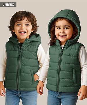 Babyhug Woven Sleeveless Solid Color Padded Hooded Jacket - Olive Green