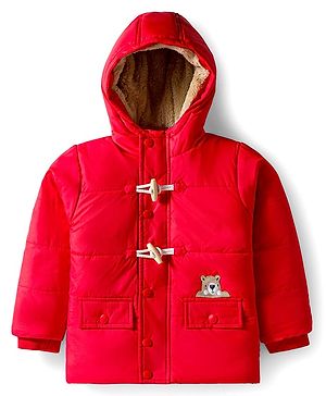 Babyhug Woven Full Sleeves Solid Hooded Padded Jacket - Red
