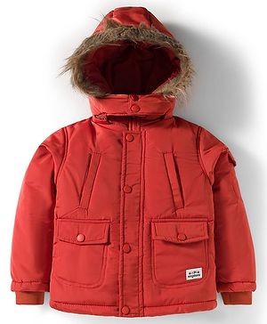 Babyhug Woven Full Sleeves Solid Color Puffer Jacket with Detachable Hood - Rust Orange