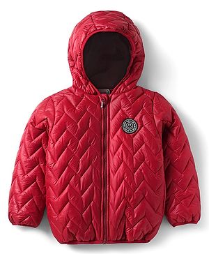 Babyhug Woven Full Sleeves Padded Hooded Jacket With Patch Detailing - Red