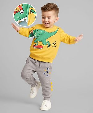Mark & Mia Terry Knit Full Sleeves Winter Wear Sweatshirt & Lounge Pant Set with Dino Print & Applique - Yellow