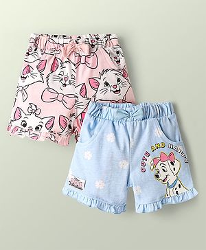 Babyhug Disney 100% Cotton Knee Length Shorts With Aristocats Marie Graphics Pack Of 2 - Light Blue & Pink