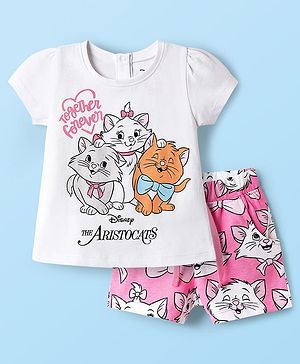 Babyhug Disney Single Jersey Knit Half Sleeves Shorts Night Suit with Aristocats Marie Graphics - Pink & White