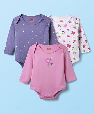 Babyhug 100% Cotton Interlock Knit Full Sleeves Onesies with Floral Print Pack of 3 - White Pink & Purple