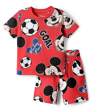 Babyhug Disney Single Jersey Knit Half Sleeves Co-ords Shorts Night Suit with Mickey Mouse Graphics - Red