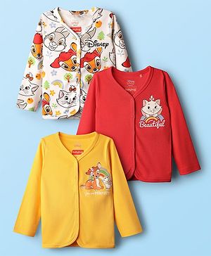 Babyhug Disney Interlock Knit Full Sleeves Front Open Jhablas  with Aristocats Marie Print Pack of 3 - White Red & Yellow