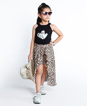 Ministitch Cotton Blend Sleeveless Hearts & Leopard Printed Top & Skirt Set - Beige