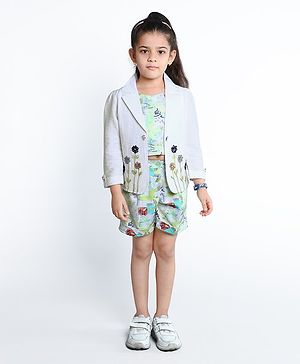 Ministitch Cotton Floral Embroidered & Abstract Printed Top & Shorts With Three Fourth Sleeves Jacket Set - Green