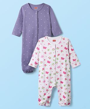 Babyhug 100% Cotton Interlock Knit Full Length Romper with Floral Print Pack of 2 - White & Purple