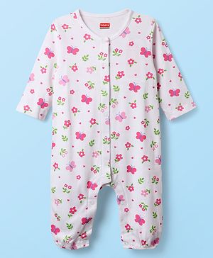 Babyhug 100% Cotton Interlock Knit Full Length Romper with Floral Print Pack of 2 - White & Purple
