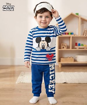Babyhug Disney Single Jersey Knit Full Sleeves Night Suit With Mickey Mouse Graphics - Navy Blue