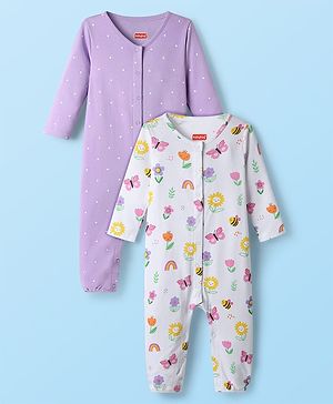 Babyhug 100% Cotton Interlock Knit Full Sleeves Rompers With Polka Dots & Floral Print Pack Of 2 - Purple & White