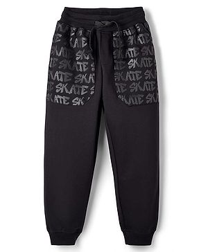 Pine Kids Cotton Knit Full  Length Lounge Pant With Text Print - Black