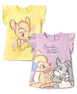 Babyhug Disney Single Jersey Knit  Frill Sleeves T-Shirts With Bambi & Thumper Graphics Pack Of 2- Yellow & Lilac