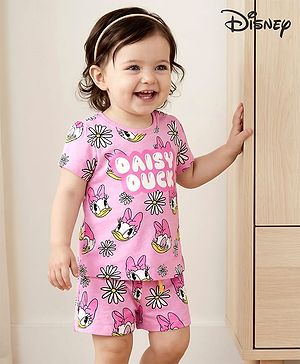 Babyhug Disney Single Jersey Knit Half Sleeves Co-ords Shorts Night Suit with Daisy Duck Graphics - Pink