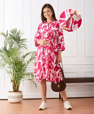 Bella Mama Woven Three Fourth Sleeves
                              Maternity Shirt Dress With Floral Print -
                              Pink