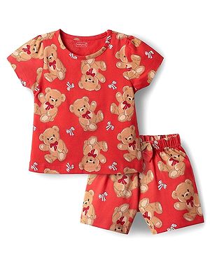 Babyhug Cotton Knit Half Sleeves Co-ords Shorts Night Suit with Bear Print - Red