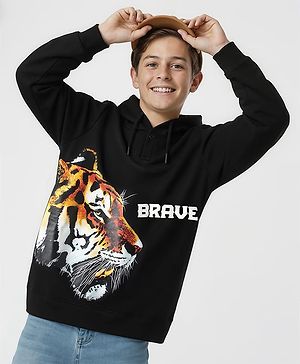 Pine Kids Cotton Knit Full Sleeves Hooded Sweatshirt With Tiger Print - Black