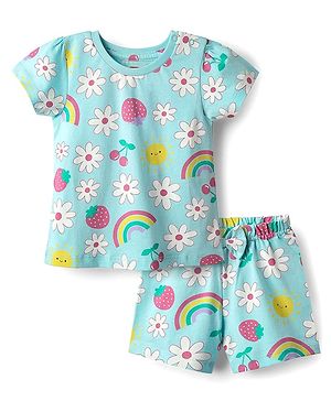 Babyhug Cotton Knit Half Sleeves Co-ords Shorts Night Suit with Tropical Theme Print & Bow Applique - Light Blue