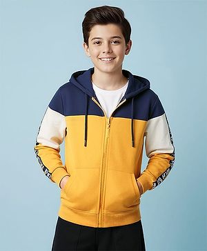 Pine Kids Cotton Knit Full Sleeves Hooded Sweatjacket With Cut & Sew Design & Kangaroo Pockets - Gold & Navy Blue