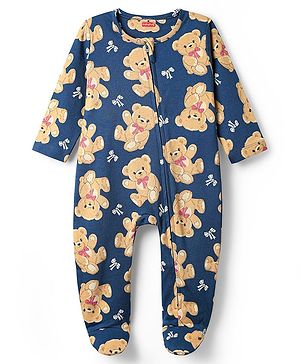 Babyhug Cotton Knit Full Sleeves Footed Sleep Suit with Bear Print - Navy Blue