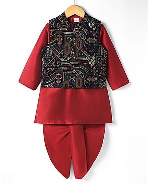 Babyhug Woven Full Sleeves Dhoti & Kurta Set With Embroidered Jacket - Red & White