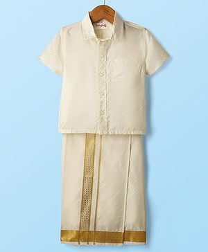Babyhug Woven Half Sleeves Solid Shirt & Mundu Set - Offwhite