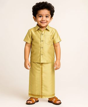 Babyhug Woven Half Sleeves Jacquard Shirt & Mundu Set - Golden