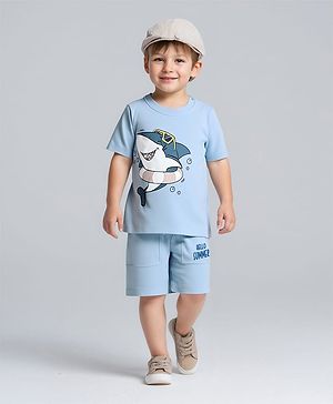 Bonfino 100% Cotton Knit Half Sleeves T-Shirt and Shorts Sets With Shark Print - Light Blue