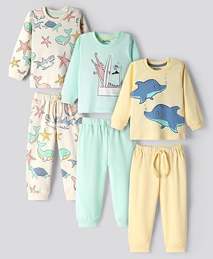 Bonfino 100% Cotton Knit Full Sleeves Night Suits With Sea Life Print Pack Of 3 - Light Blue & Yellow