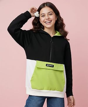 Pine Kids Cotton Knit Full Sleeves Hooded Sweatshirt With So What Print & Kangaroo Pockets - Black & Green