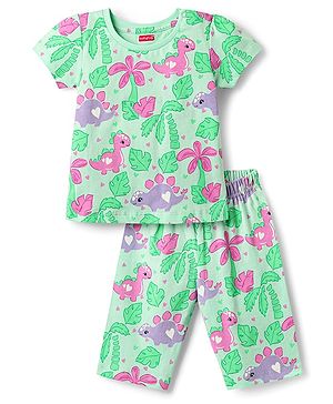 Babyhug Cotton Knit Half Sleeves Co-ords Capri Night Suit with Dino Print - Light Green