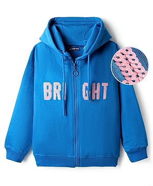 Pine Kids Cotton Knit Full Sleeves Hooded SweatJacket with Sequin Detailing - Blue