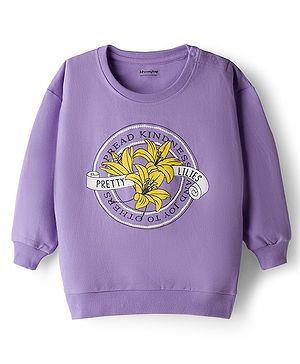 Honeyhap Premium 100% Cotton Knit Full Sleeves Pullover Sweatshirt With Bio Finish & Floral Print - Purple
