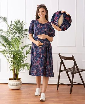 Bella Mama Woven Half Sleeves Floral Printed Maternity Dress - Navy Blue