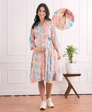 Bella Mama Viscose Woven Three Fourth
                              Sleeves Front Open Maternity Shirt Dress
                              with Floral Print - Light Blue & Pink