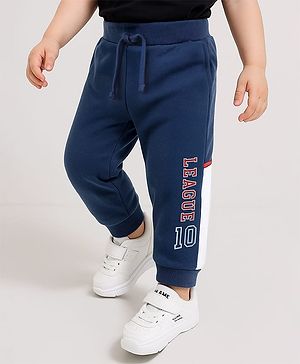 Babyhug Cotton Terry Knit Full Length Lounge Pants with League 10 Print - Navy Blue