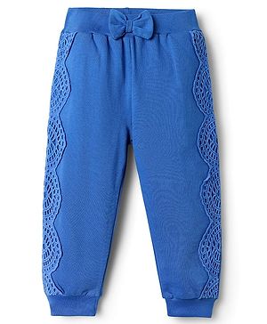 Babyhug Cotton Knit Full Length Solid Colour Lounge Pant With Patch Detailing & Bow Applique - Blue