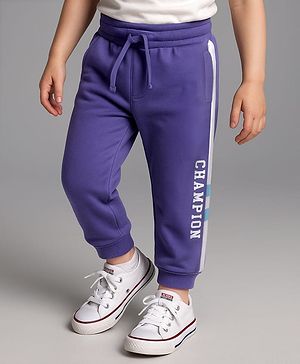 Babyhug Cotton Terry Knit Full Length Lounge Pants with Champion Print & Tape Design - Blue