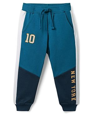 Babyhug Cotton Terry Knit Full Length Cut & Sew Lounge Pants - Navy Blue & Teal Blue