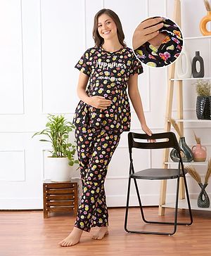 Bella Mama Cotton Knit Short Sleeves Nursing Night Suit Tropical Print  - Black