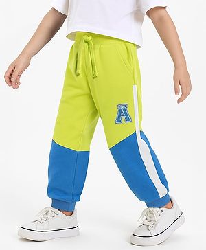 Babyhug Cotton Terry Knit Full Length Lounge Pants with Color Block & Cut & Sew Design - Yellow & Blue
