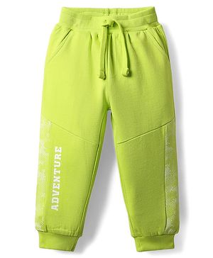 Babyhug Cotton Terry Knit Full Length Lounge Pants with Adventure Print & Cut & Sew Design - Limegreen