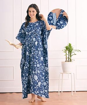Bella Mama Cotton Woven Half Sleeves Maternity Kaftan Nursing Nighty With Floral Print - Blue