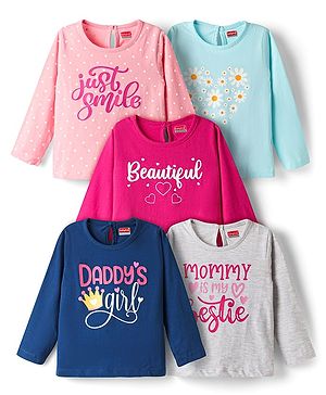 Babyhug 100% Cotton Knit Full Sleeves T-Shirts with Text Print Pack of 5 - Multicolor