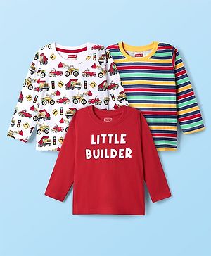 Babyhug 100% Cotton Knit Full Sleeves T-Shirt With Stripes & Vehicle Print Pack Of 3 - Red & White