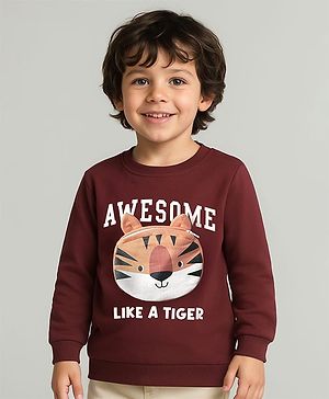 Babyhug 100% Cotton Full Sleeves Sweatshirt With Tiger Applique & Text Print - Brown