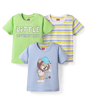 Babyhug 100% Cotton Knit Half Sleeves Stripes T-Shirts with Text & Lion Print Pack of 3 - Multicolor